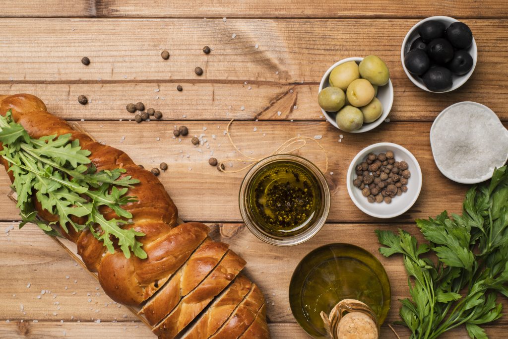 gluten-free trend, homemade bread and olives on the table