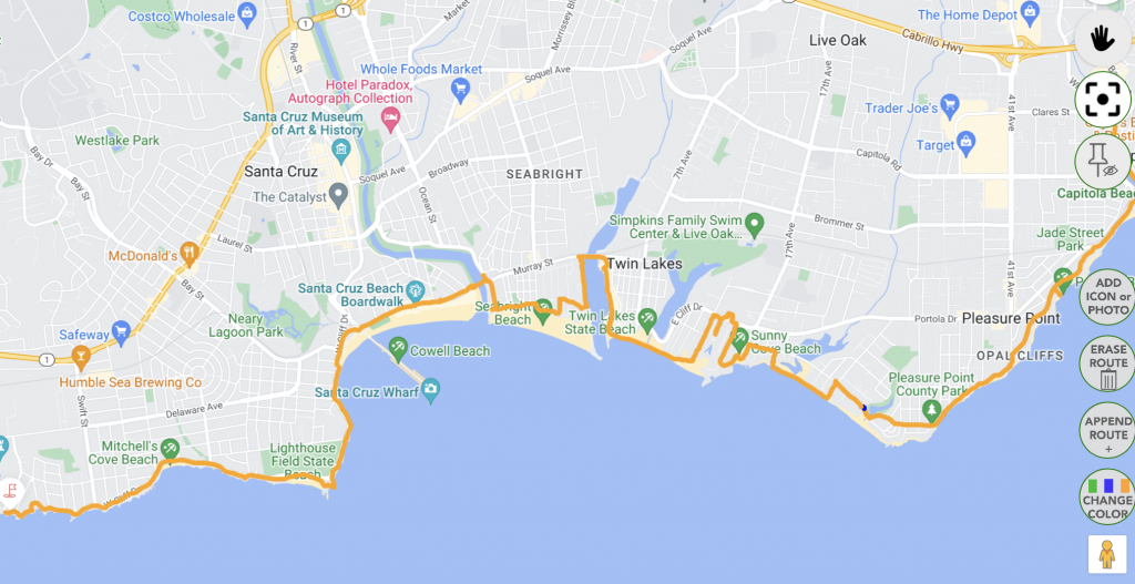 Capitola and Santa cruz beaches adventure map from the duoveo app
