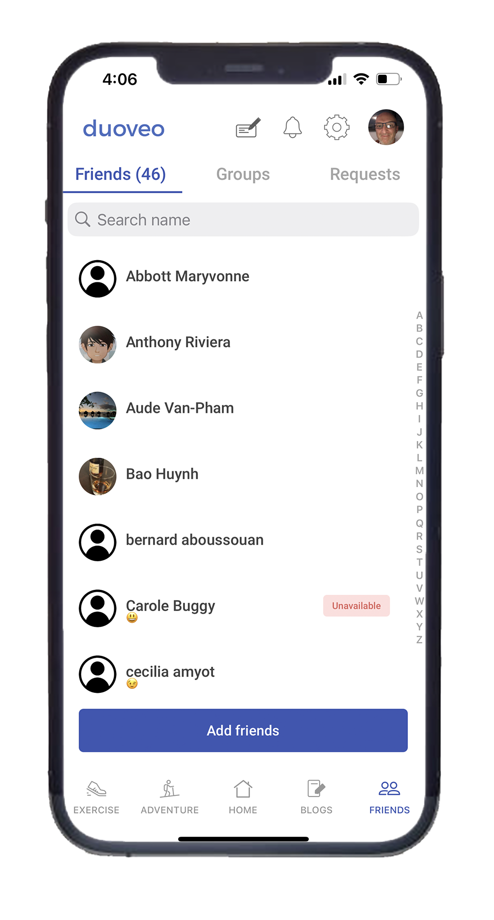 Friends List     Invite friends to join yourself on your activities, create groups and exchange messages!