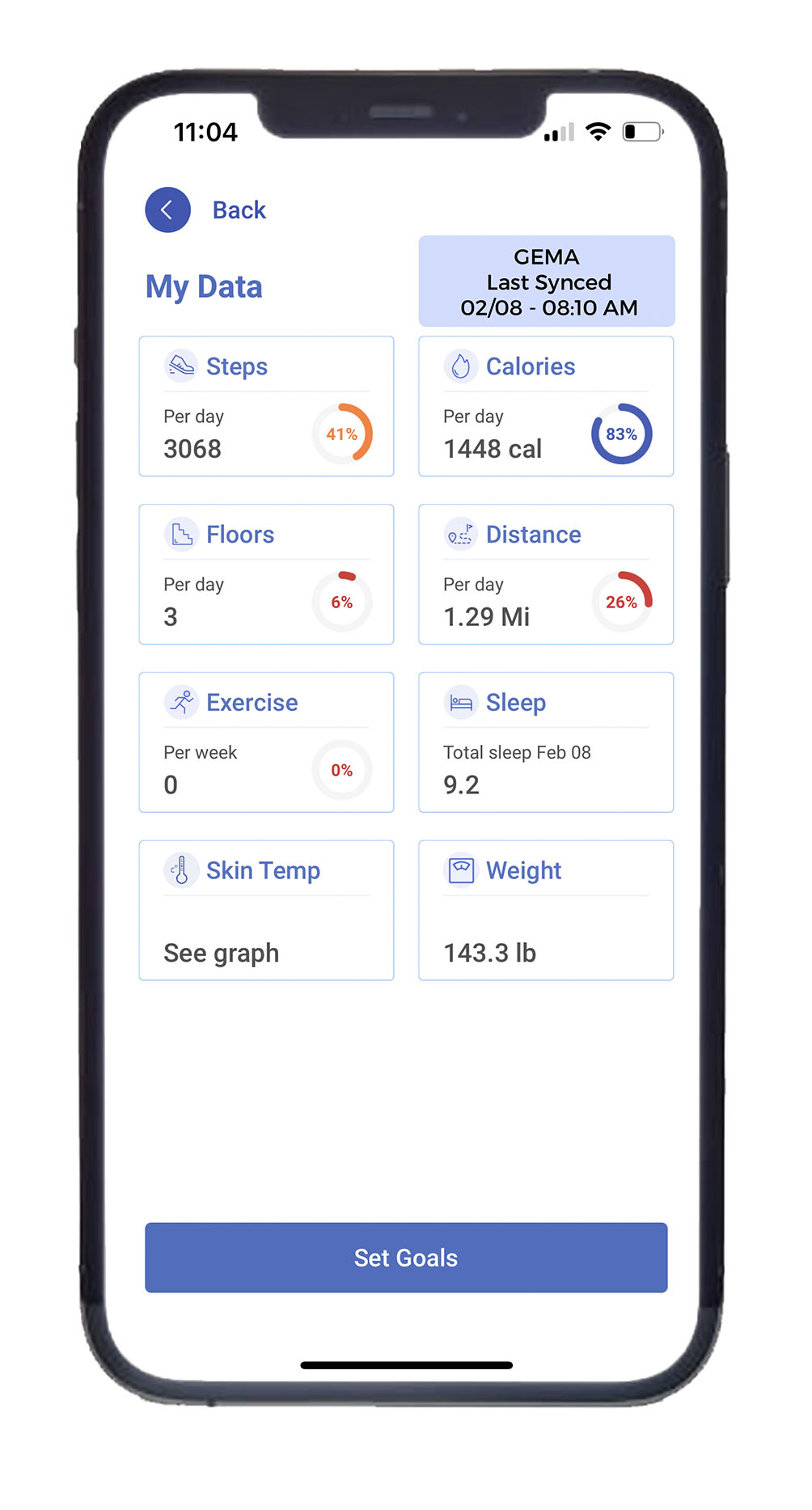 Personal Data      
Review and gain insights into your daily activities, including step count, distance, activity progression, and calories burned. Monitor elevation, mindfulness, sleep patterns, and body temperature for a comprehensive wellness tracking experience with the Gema Wellness Tracker.
