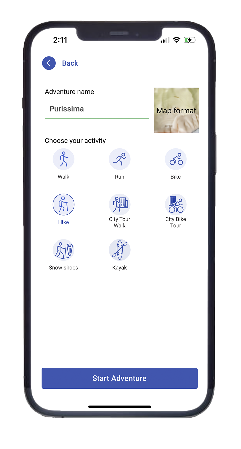 Start an adventure      Embark on a new adventure effortlessly by simply setting the name, type, and optionally, the map format.