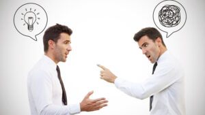 Two similar people talking